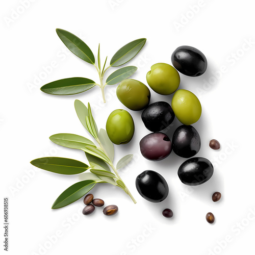 Green And Black Olive With Leaf Isolated White. Generative AI