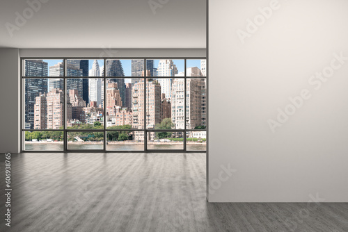 Midtown New York City Manhattan Skyline Buildings High Rise Window. Beautiful Expensive Real Estate. Empty room Interior Skyscrapers View Cityscape. Day time. East side. Mock up wall. 3d rendering.