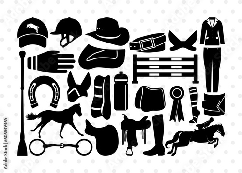 Equestrian SVG, Horseshoe Silhouette, Riding boot Svg, Riding Helmet Svg, Snaffle Bit Svg, Horse Jumps Svg, Whip Svg, Show Ribbon Svg, Equestrian Bundle