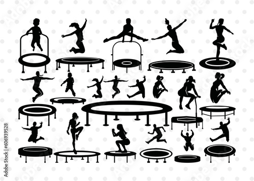trampoline, trampoline silhouette, kids jumping, jumping, jumping people, jumping children, sports, fitness, trampoline bundle, silhouette, clipart, svg, cut file,
