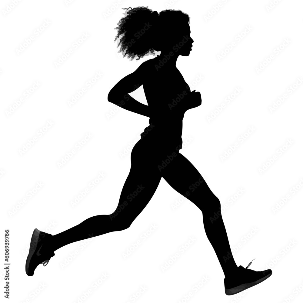Isolated Silhouette woman, black woman, afro hair, sport, jogging 