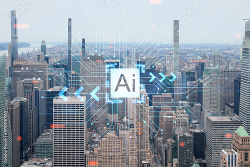 Aerial panoramic city view of Upper Manhattan and Central Park, New York city, USA. Iconic skyscrapers of NYC. Artificial Intelligence concept, hologram. AI, machine learning, neural network, robotics