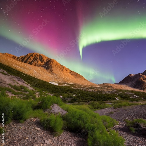 1484 Celestial Aurora Borealis: A mesmerizing and celestial background featuring the Aurora Borealis, also known as the Northern Lights, with vibrant colors and cosmic beauty3, Generative AI photo