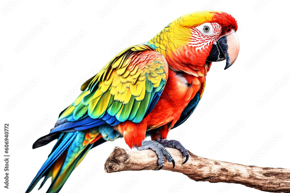 Image of colorful parrot on white background. Pet. Wildlife Animals. illustration. Generative AI.