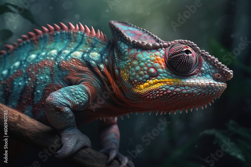 Image of side view of a beautiful colorful chameleon on a branch on natural background. Wildlife Animals. Reptile, illustration. Generative AI. © yod67