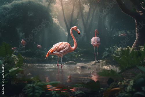 Image of flamenco bird standing in the middle of the forest. Birds. Animals. illustration. Generative AI.
