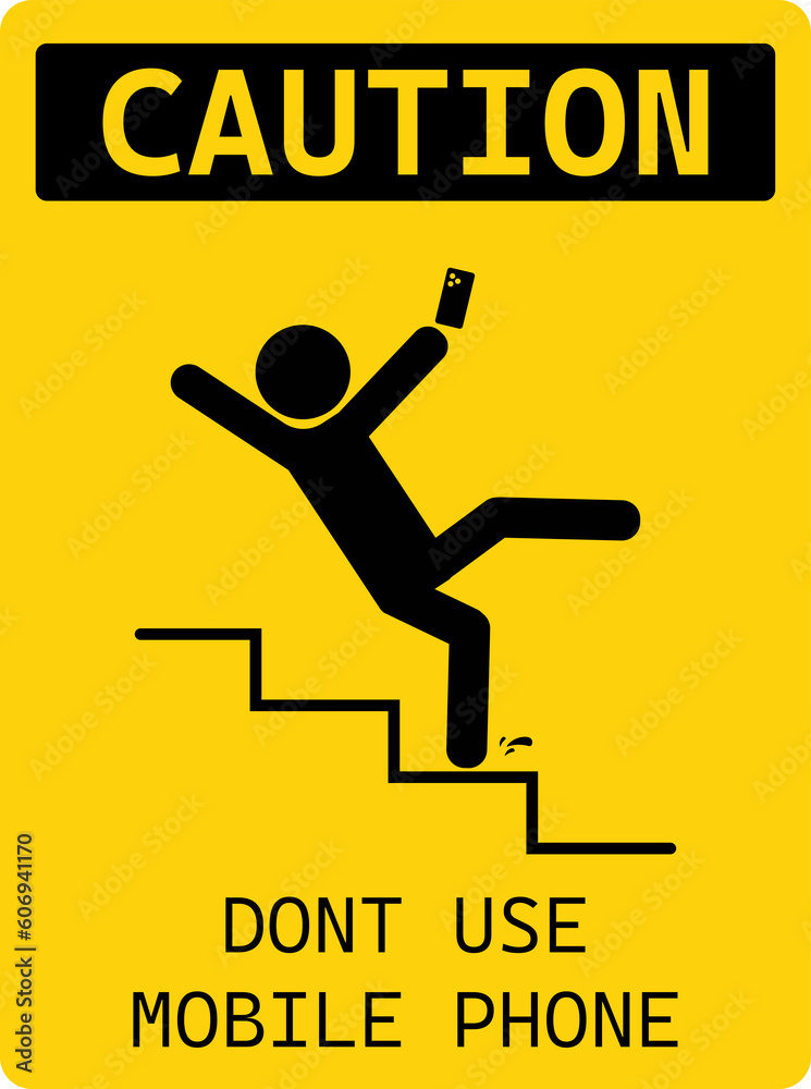 Printable sticker label sign man walking climbung down ctari with red crossed out mobile phone sign of  do not use phone on stair safety sign template