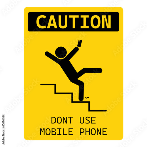 Printable sticker label sign man walking climbung down ctari with red crossed out mobile phone sign of  do not use phone on stair safety sign template