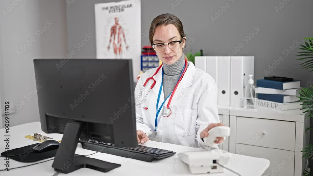 Young caucasian woman doctor using computer talking on telephone at clinic Young caucasian woman doctor using computer talking on telephone at clinic