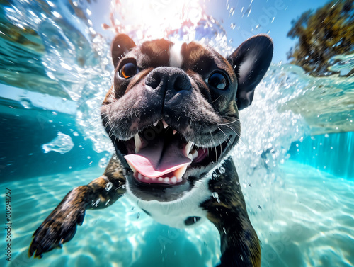 French bulldog in swimming pool underwater shot - Generative AI