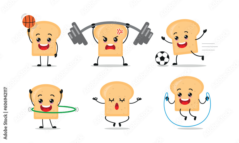 Bread Exercise Different Sport Activity Vector Illustration Sticker Character Bread Exercise Different Sport Activity Vector Illustration Sticker Character