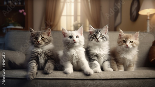 a group of cute cat sitting in a couch Generative AI