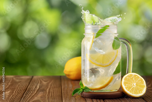 glass mason jar of lemonade with splash