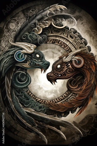 Quetzalcoatl and Tezcatlipoca as Ying Yang Serpents Concept Art made with Generative AI