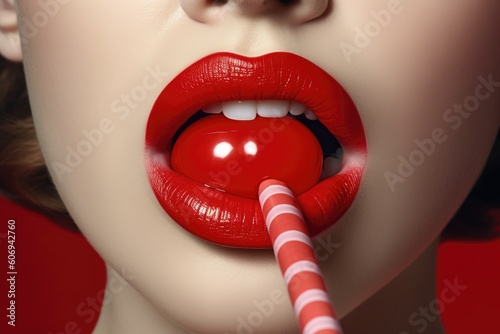 A close-up of lips with red lipstick, the mouth is open and inside it there's a candy stick in the shape of a ball, the background is white and clean