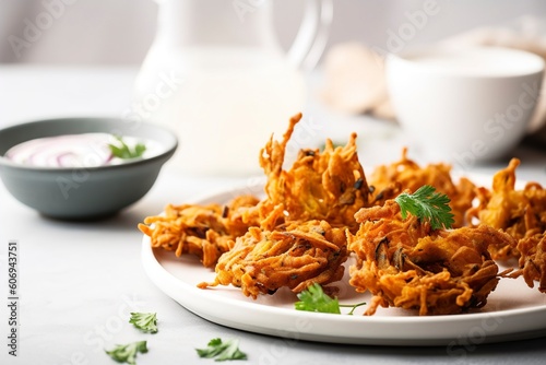 A plate of crispy onion bhajis. (Generative AI)  photo