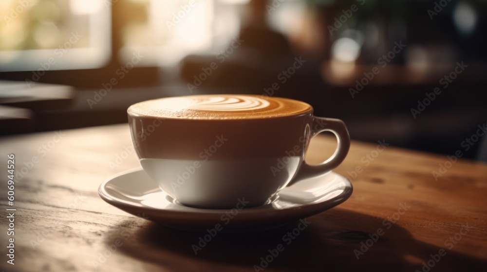 Hot latte coffee with latte art on wooden table. Generative AI