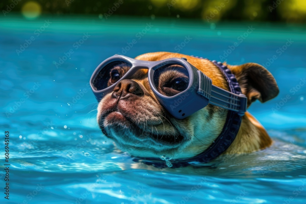 Φωτογραφία A cute dog wearing swimming goggles is enjoying the water in an outdoor pool