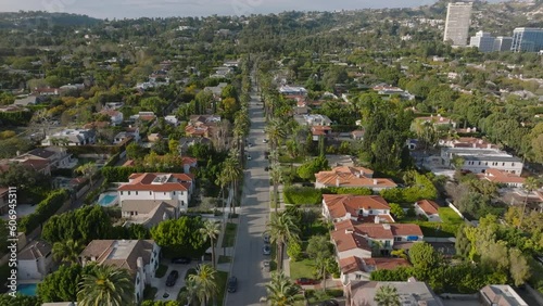 Aerial footage of luxury family houses and residencies in Beverly Hills district.