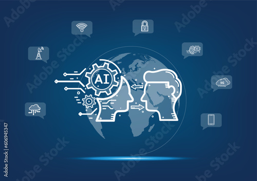 man using technology smart robot, artificial intelligence by enter command prompt for generates something, Concept of artificial intelligence with icons on the blue background.