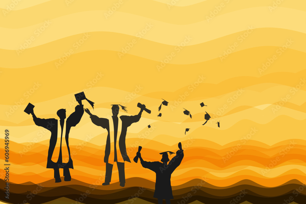 Fototapeta premium Graduate silhouettes celebrating graduation in a watercolor sunrise stylized background.