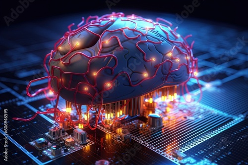 Artificial intelligence AI Robotic human brain with detailed circuit. AI Robot, Electronic brain, electronic mind, learning to process big data. Generative AI. Digital Art Illustration