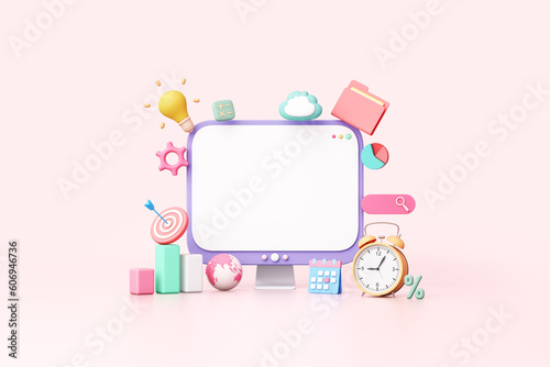 3D blank computer screen mockup with mini file folder, calendar, searching menu bar, globe, bar chart symbol on pink background. Online home and office working. Object clipping path. 3D Illustration.