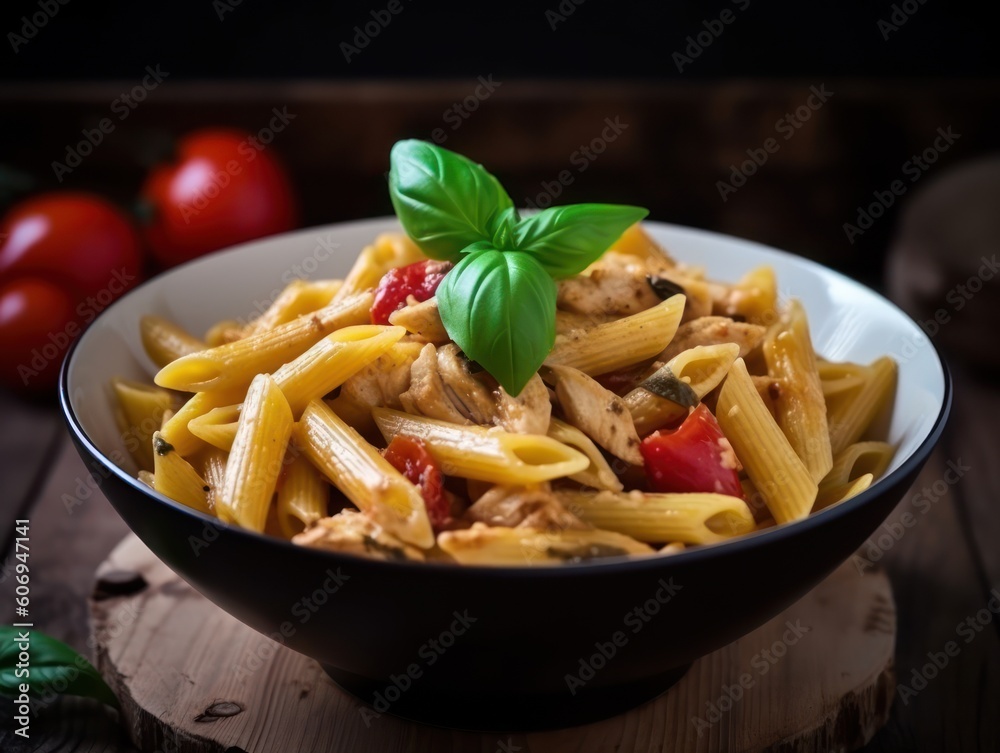 Penne pasta in tomato sauce with chicken in a bowl. Generative AI Penne pasta in tomato sauce with chicken in a bowl. Generative AI