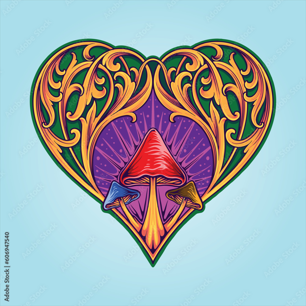 Royal engraving heart shape ornament with magic mushroom vector illustrations for your work logo, merchandise t-shirt, stickers and label designs, poster, greeting cards advertising 