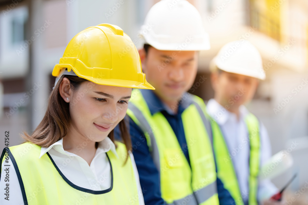 Close-up of Asian female engineer Smiling confidently, two male engineers stood nearby and worked together. Standing at a large architectural and industrial construction site, wearing a safety helmet. Close-up of Asian female engineer Smiling confidently, two male engineers stood nearby and worked together. Standing at a large architectural and industrial construction site, wearing a safety helmet.