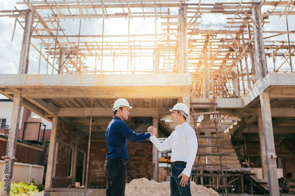 Team of 2 asian male engineers hand in hand for the success of a construction project designing a large business project on industrial architecture on a construction site. wear a helmet Team of 2 asian male engineers hand in hand for the success of a construction project designing a large business project on industrial architecture on a construction site. wear a helmet