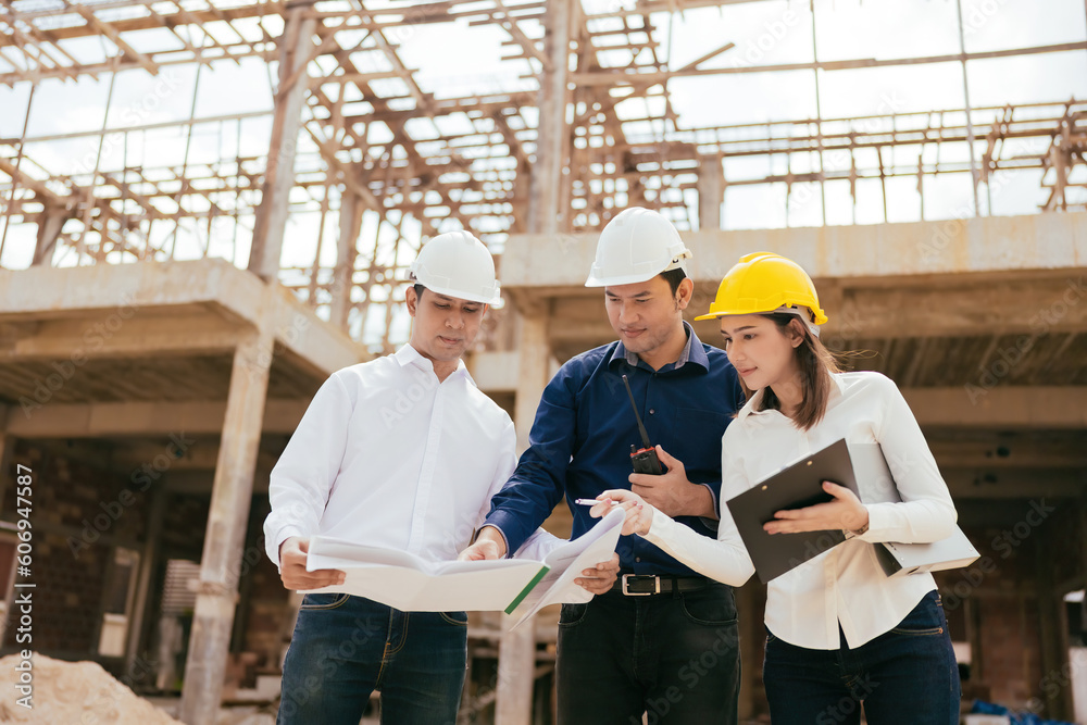 A team of 3 engineers, male and female, wear helmets. A meeting looks at blueprints for a large business project of industrial architectural model design together at a construction site. A team of 3 engineers, male and female, wear helmets. A meeting looks at blueprints for a large business project of industrial architectural model design together at a construction site.