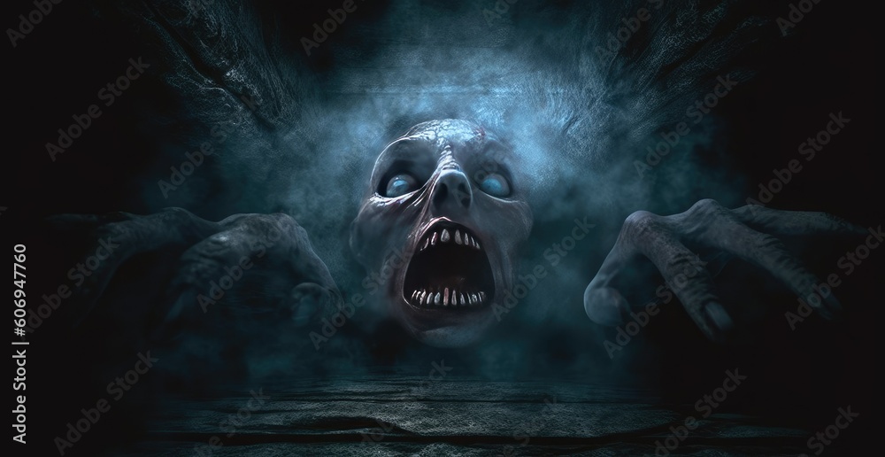 A ghostly face with glowing eyes and an open mouth, floating in the darkness of an ancient tomb, surrounded by misty smoke. A ghostly face with glowing eyes and an open mouth, floating in the darkness of an ancient tomb, surrounded by misty smoke.