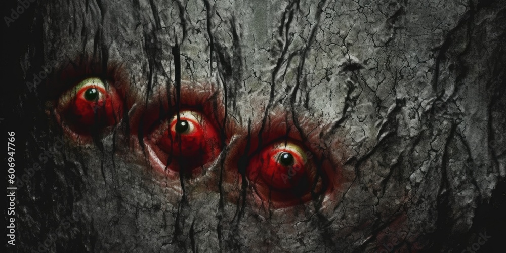 Φωτογραφία Three red eyes staring out of the darkness, a horror movie poster with a tree bark background, high contrast, high resolution, cinematic, dark atmosphere