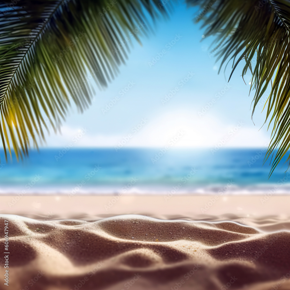 Sand beach with palm tree leaves with blurred sea background