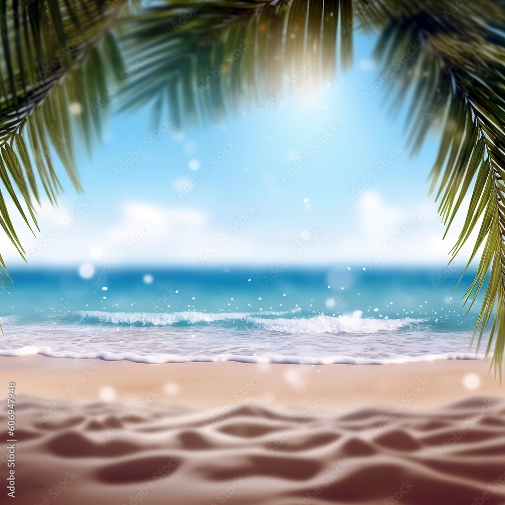 Sand beach with palm tree leaves with blurred sea background