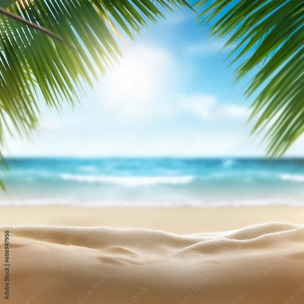 Sand beach with palm tree leaves with blurred sea background