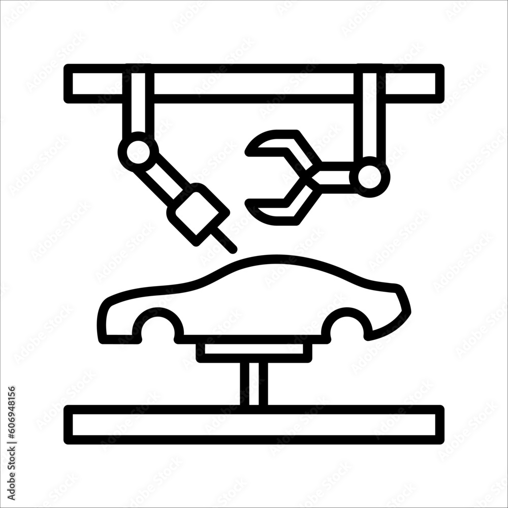 Automotive manufacturing activity and part such as robot hand, arm, computer control, production line, vector illustration on white background