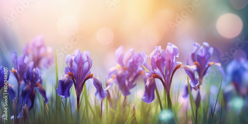 Iris flowers. Row of blooming irises in garden. Beautiful Floral background for greeting card for Birthday, Women's day, Mother's day. Generative ai illustration