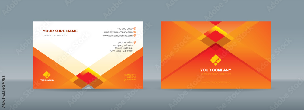 Business card templates with Modern simple orange and red square and triangle shapes on blue white background