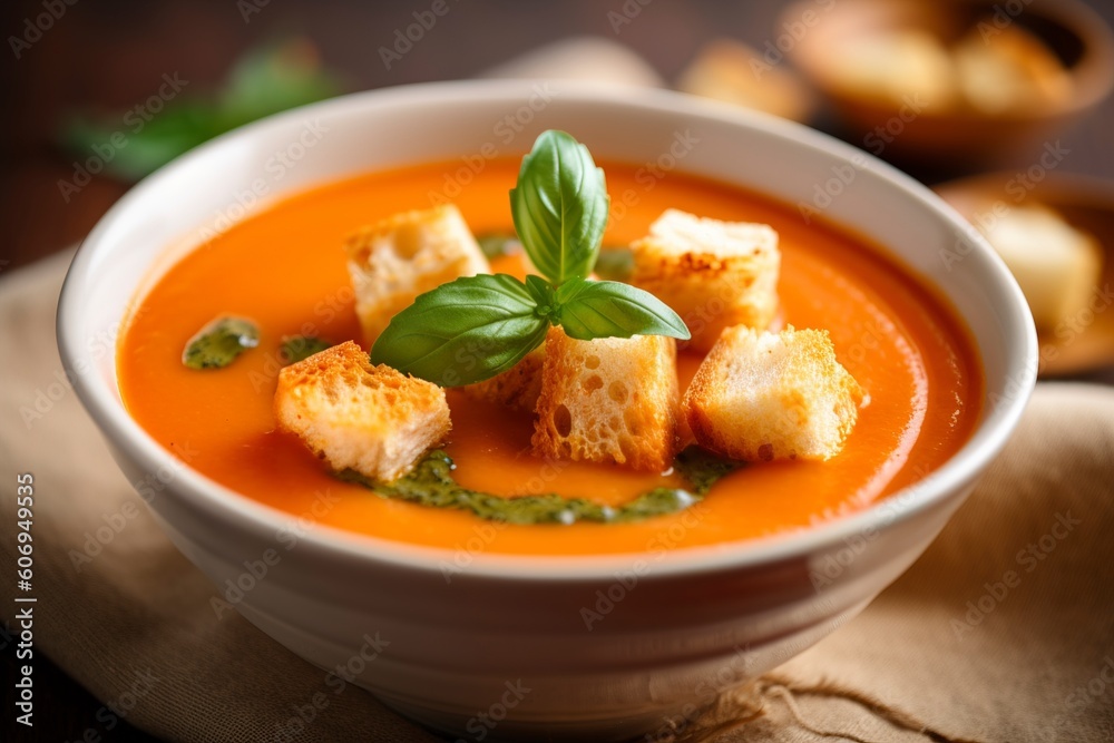 A bowl of tomato soup with croutons. (Generative AI)