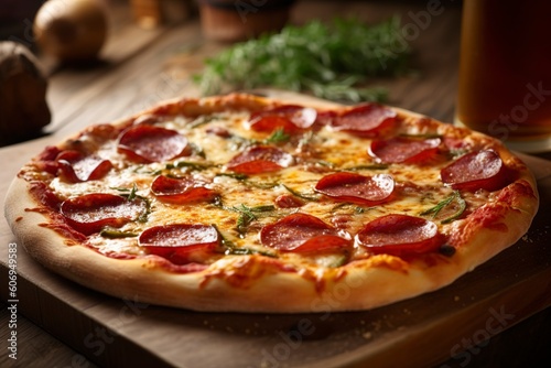 A classic pepperoni pizza, freshly baked in a wood-fired oven. (Generative AI)