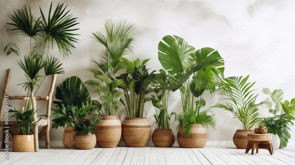 Unmistakable tropical plants in wicker pots close white divider at family. Creative resource, AI Generated Unmistakable tropical plants in wicker pots close white divider at family. Creative resource, AI Generated