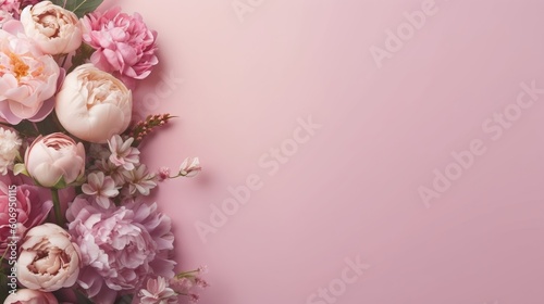 Peonies, roses on pink establishment with copy space. Inquisitively characteristic bloom chart organize with substance space. Creative resource, AI Generated