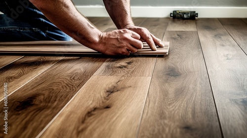 Proficient builder man laying cover flooring at domestic. Creative resource, AI Generated