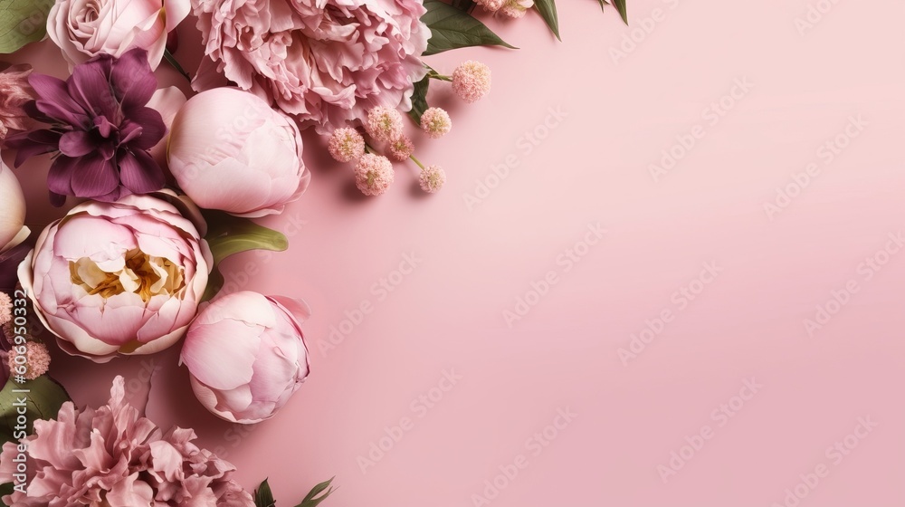 Peonies, roses on pink establishment with copy space. Inquisitively characteristic create chart organize with substance space. Creative resource, AI Generated - obrazy, fototapety, plakaty 