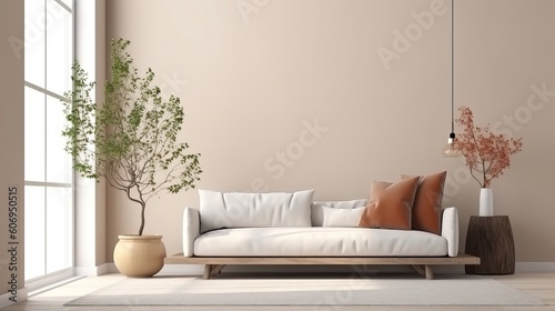Energize composition of living room interior parts with copy space, brown expel chair, in organize vase with office. Creative resource, AI Generated photo