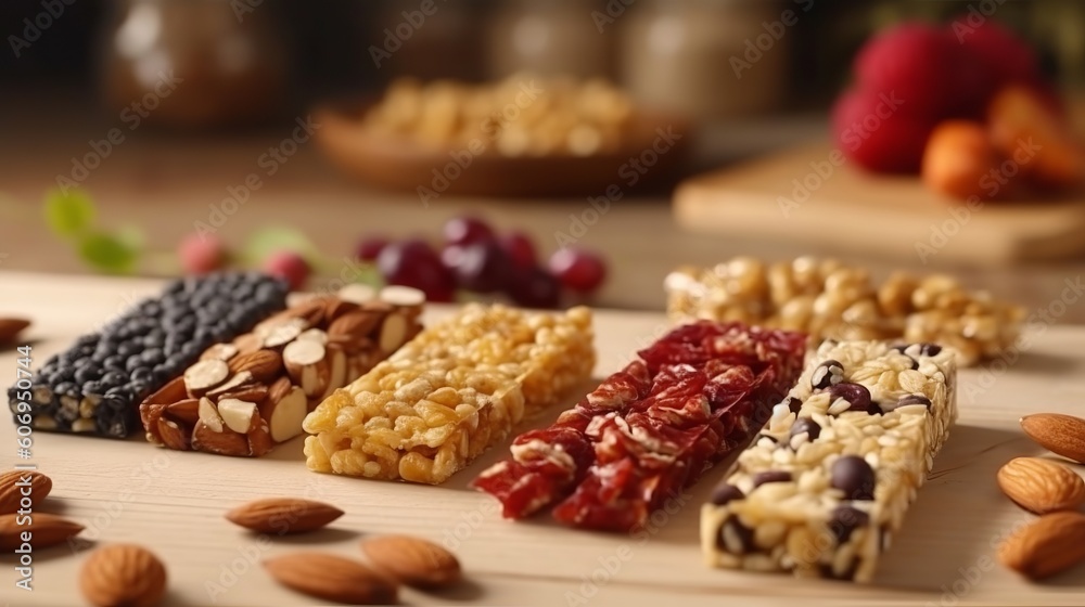 Unmistakable granola bars on table foundation. Cereal granola bars. Superfood breakfast bars with oats, nuts and berries, near. Creative resource, AI Generated Unmistakable granola bars on table foundation. Cereal granola bars. Superfood breakfast bars with oats, nuts and berries, near. Creative resource, AI Generated