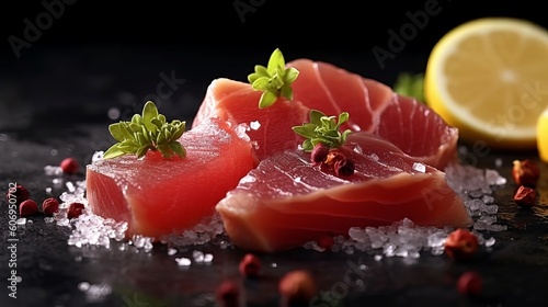 Delicious sashimi (pieces of new crude fish with sesame seeds) on dark board, closeup. Creative resource, AI Generated