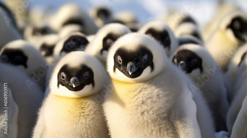 Head Penguin Chicks, Snow Incline Island, Antarctic Landmass. Creative resource, AI Generated